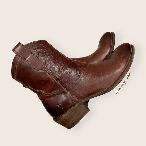 Frye Carson Pull On Brown Real Leather Western Low Heel Festival Cowgirl Boot - Picture 10 of 11